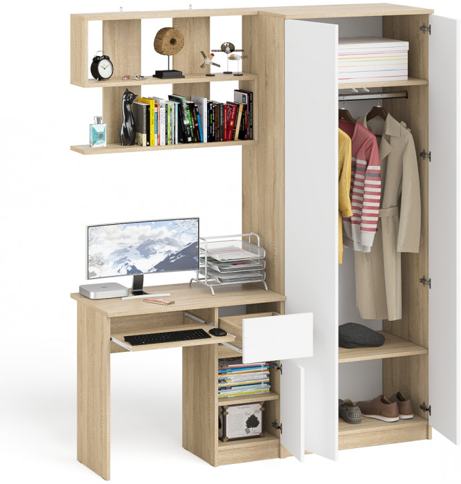 Мори компьютерный стол МС-1 правый + Шкаф МШ800.1 + Полка 900, дуб сонома/белый