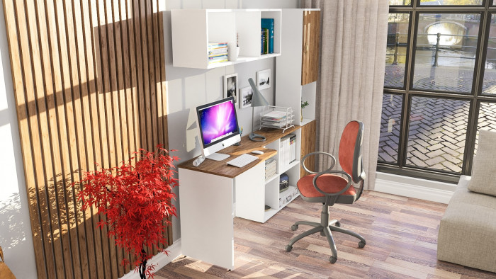 Лидер-8 Стол + Полка + Пенал, цвет белый шагрень/крафт золото, ШхГхВ 205х50/30х75/190 или 115х50/120х75/190 см., НЕ универсальная сборка