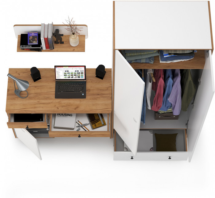 Вуди Компоновка № 18, цвет белый премиум/дуб крафт золотой, ШхГхВ 196х52,7х205 см., универсальная сборка