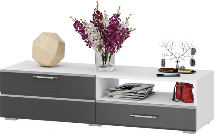 Тумба под ТВ Ларго 1, корпус белый/фасады МДФ графитово-серый глянец