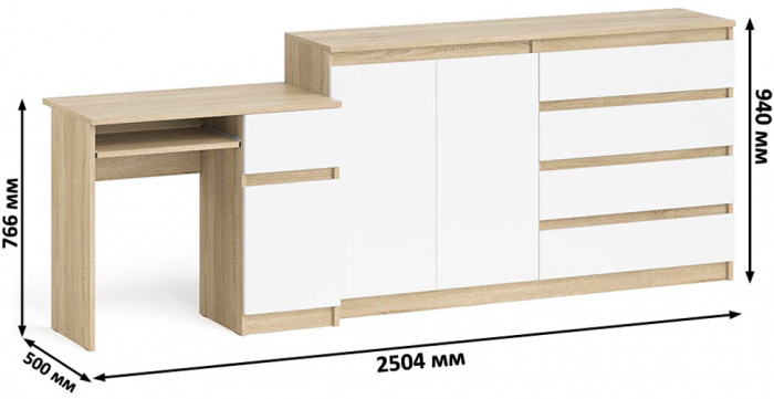 Мори компьютерный стол МС-1 правый + Комод МК1600.1, дуб сонома/белый