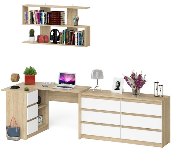 Мори компьютерный стол МС-16 левый + Комод МК1380.6 + Полка 1200, дуб сонома/белый