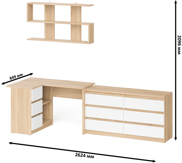 Мори компьютерный стол МС-16 левый + Комод МК1380.6 + Полка 1200, дуб сонома/белый