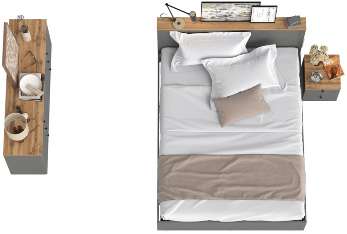 Остин 11.53 Кровать + ортопед + 16.240 Комод + 16.152 Тумба прикроватная, серый графит/дуб крафт золотой