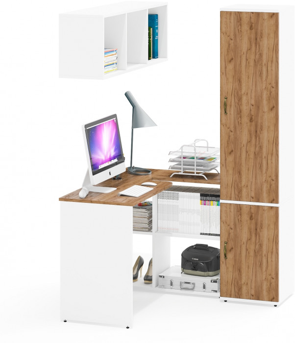 Лидер-8 Стол + Полка + Пенал МД 21Б, цвет белый шагрень/крафт золото, ШхГхВ 205х50/37,5х75/190 или 115х50/120х75/190 см., НЕ универсальная сборка