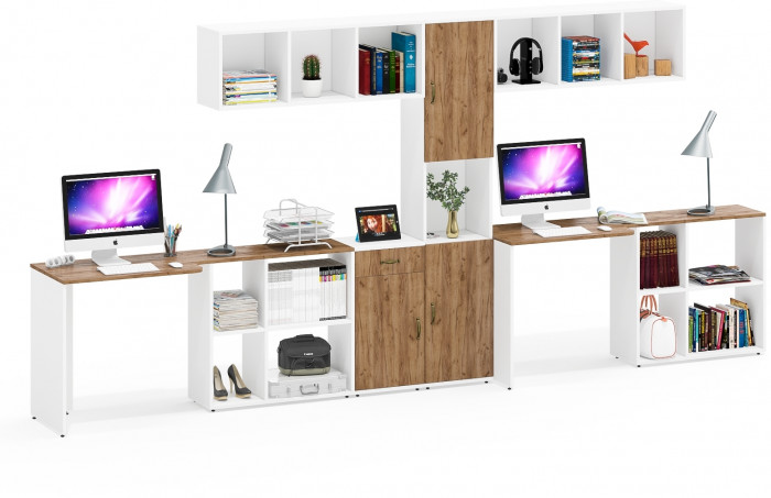 Лидер-8 Стол + Полка + Стол + Полка + Пенал + Тумба МД 3.15, цвет белый шагрень/крафт золото, 410х50/30х75/190 или 230х50/160х75/190 см., НЕ ун. сб.