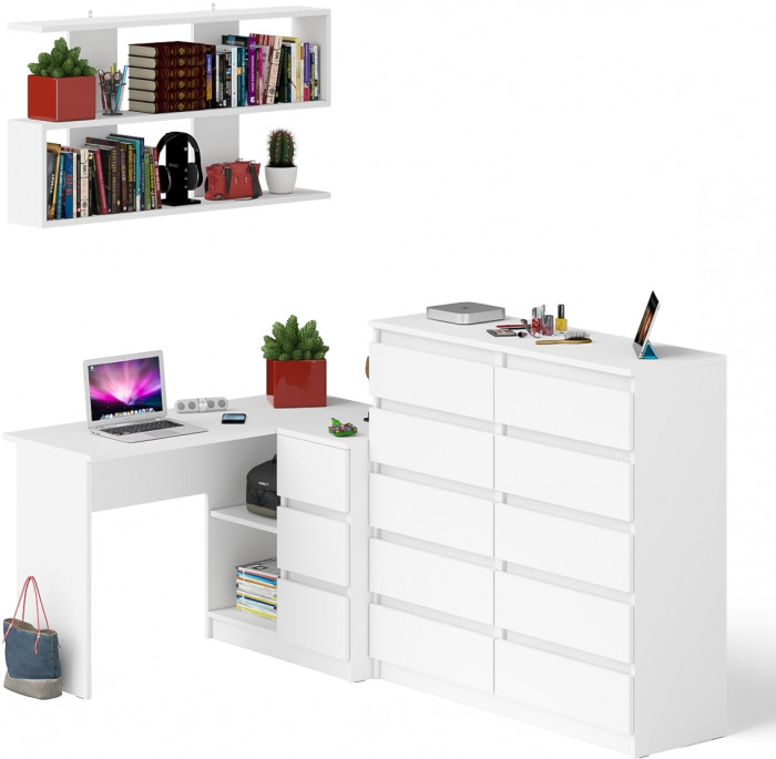 Мори компьютерный стол МС-16 правый + Комод МК1200.10 + Полка 1200, белый