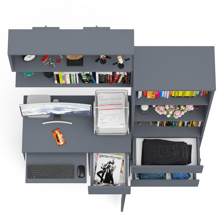 Мори Стол компьютерный МС-1 правый + Стеллаж МСТ600.3 + Полка 900, цвет графит, ШхГхВ 150,4х50х209,6 см., НЕ универсальная сборка