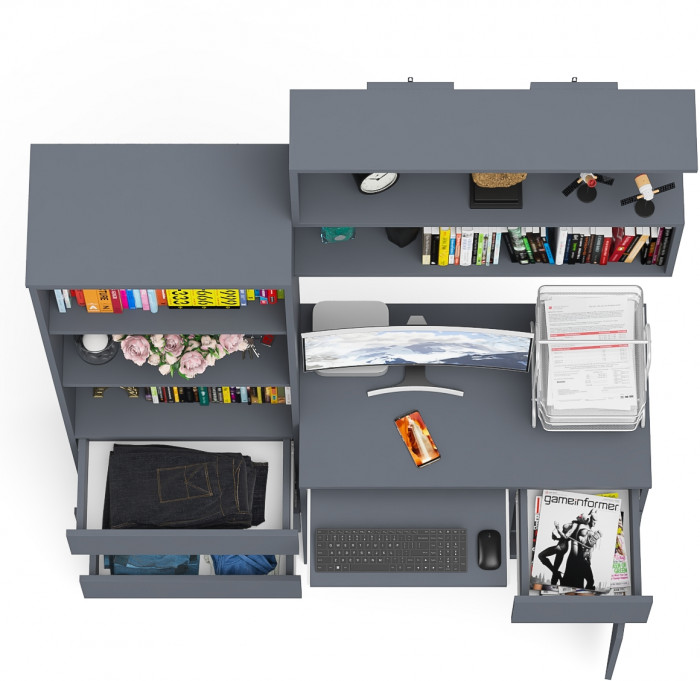 Мори Стол компьютерный МС-1 правый + Стеллаж МСТ600.3 + Полка 900, цвет графит, ШхГхВ 150,4х50х209,6 см., НЕ универсальная сборка