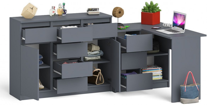 Мори Стол компьютерный МС-16 левый + Комод МК1200.4, цвет графит, ШхГхВ 244,8х84,9х94 см., выдвижные ящики слева, НЕ универсальная сборка