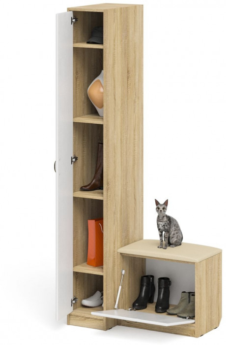 Прихожая П-6 Компоновка № 39, цвет дуб сонома/фасады МДФ белое дерево фрезеровка ромб, ШхГхВ 90х50х210 см., универсальная сборка