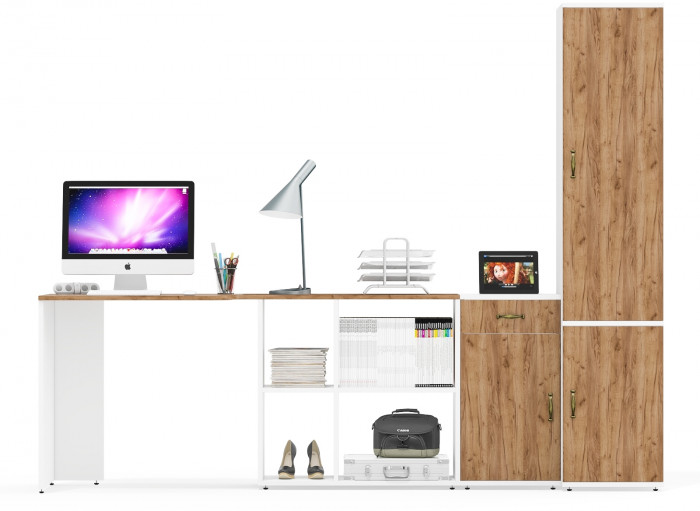 Лидер-8 Стол + Тумба МД 3.15 + Пенал МД 22Б, цвет белый шагрень/крафт золото, ШхГхВ 245х50/37,5х75/190 или 115х160/50х75/190 см., НЕ ун. сборка