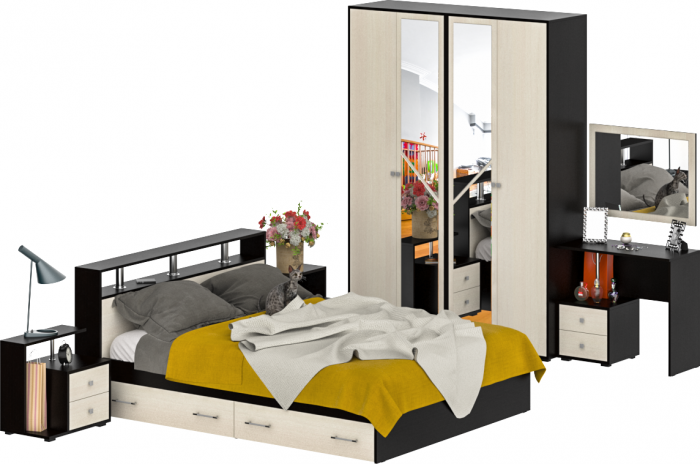 Камелия спальня № 9 Кровать с ящиками 1600 + Две тумбы + Стол космет. + Зеркало + Шкаф 4-х, цвет венге/дуб лоредо, сп.м. 1600х2000 мм., б/м, осн. есть