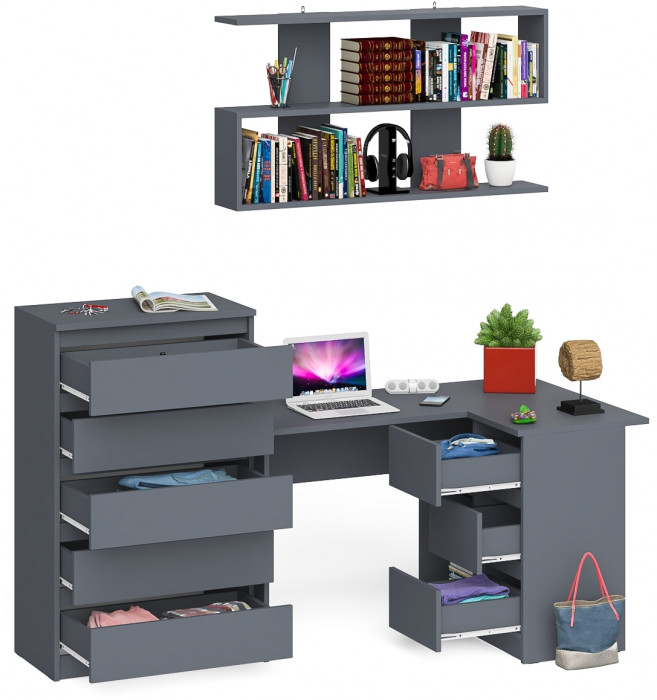 Мори компьютерный стол МС-16 правый + Комод МК700.5 + Полка 1200, графит