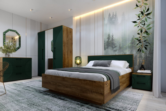 Кровать 160х200 с подъемным основанием "Монтале" - Дуб канзас/Зеленый матовый