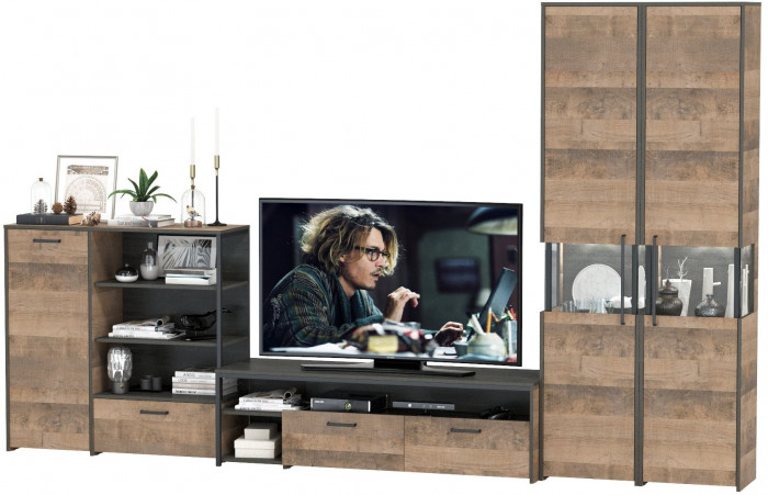 Трувор Гостиная 036, цвет дуб гранж песочный/интра, ШхГхВ 348,4х45,4х210 см., универсальная сборка