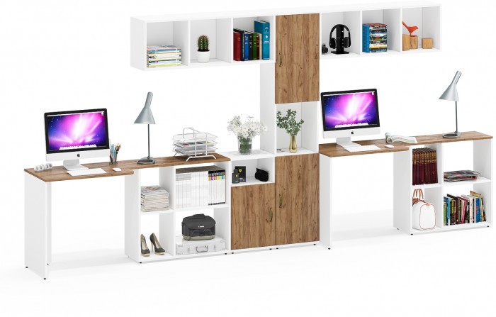 Лидер-8 Стол + Полка + Стол + Полка + Пенал + Тумба МД 3.19, цвет белый шагрень/крафт золото, 410х50/30х75/190 или 230х50/160х75/190 см., НЕ ун. сб.