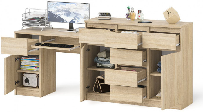 Мори Стол компьютерный МС-1 левый + Комод МК1200.4, цвет дуб сонома, ШхГхВ 210,4х50х94 см., выдвижной ящик слева, НЕ универсальная сборка