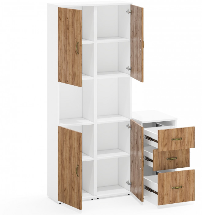 Лидер-8 Пенал + Пенал + Тумба МД 3.16, цвет белый шагрень/крафт золото, ШхГхВ 120х50х190 см., универсальная сборка