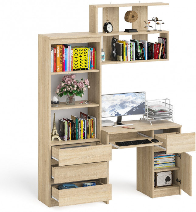 Мори Стол компьютерный МС-1 правый + Стеллаж МСТ600.3 + Полка 900, цвет дуб сонома, ШхГхВ 150,4х50х209,6 см., НЕ универсальная сборка