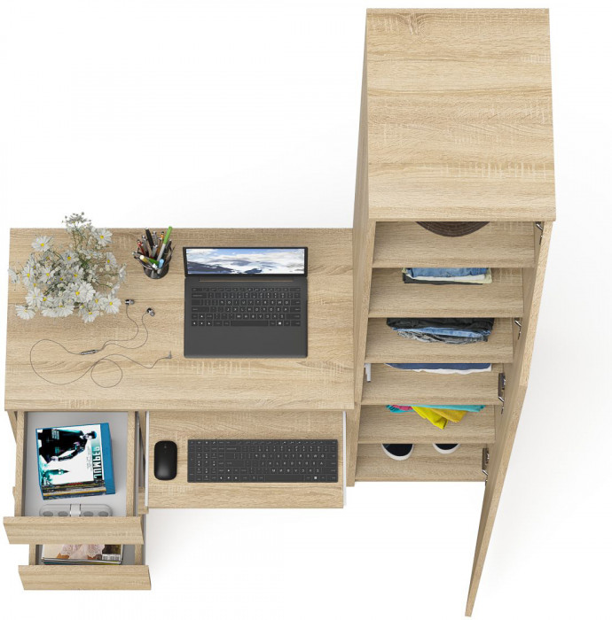Мори Стол компьютерный МС-6 левый + Пенал МШ400.1, цвет дуб сонома, ШхГхВ 130,4х50,4х209,6 см., выдвижные ящики слева, НЕ универсальная сборка