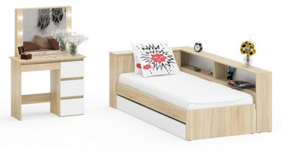 Ксения Кровать с ящиками 0900 + прикроватный блок + Столик с подсветкой Сура, дуб сонома/белый