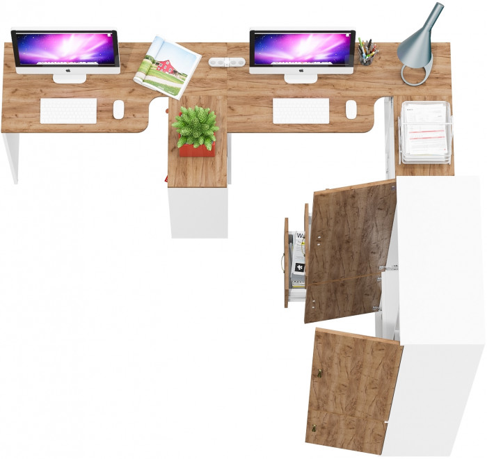 Лидер-8 Стол + Стол + Шкаф МД 20Б + Тумба МД 3.16, белый шагрень/крафт золото