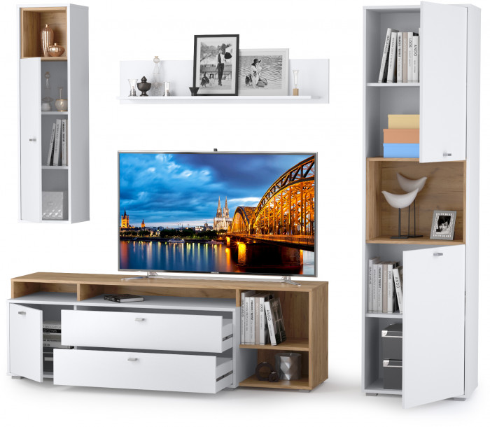 Бэль № 03, цвет дуб крафт золотой/белый премиум, ШхГхВ 240х43х200 см., ниша для ТВ 139х40х120 см., НЕ универсальная сборка