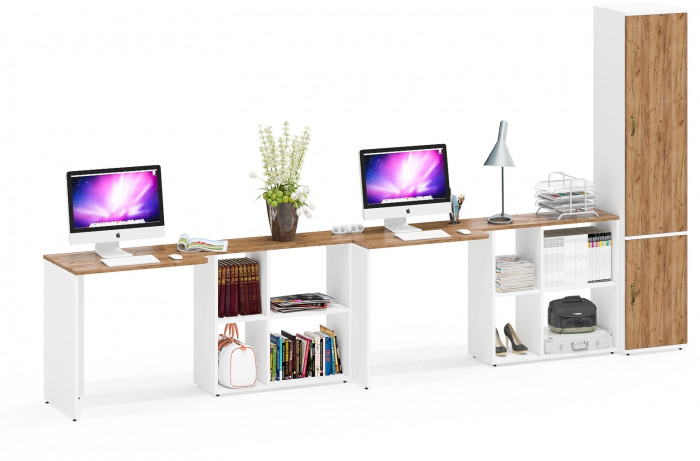 Лидер-8 Стол + Стол + Пенал МД 22Б, белый шагрень/крафт золото