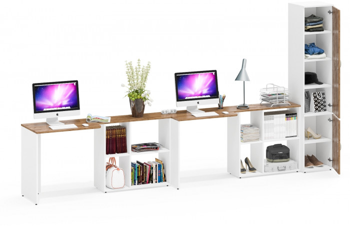 Лидер-8 Стол + Стол + Пенал МД 22Б, белый шагрень/крафт золото