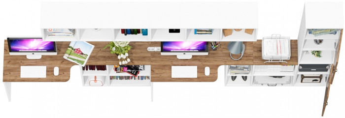 Лидер-8 Стол + Полка + Стол + Полка + Пенал, цвет белый шагрень/крафт золото, ШхГхВ 370х50/30х75/190 или 230х50/120х75/190 см., НЕ универс. сборка