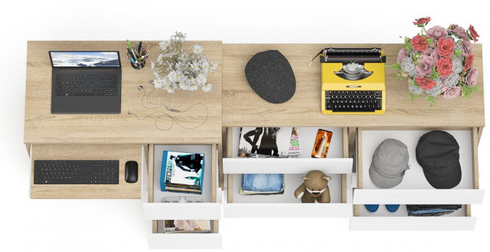 Мори Стол компьютерный МС-6 правый + Комод МК1200.6, цвет дуб сонома/белый, ШхГхВ 210,4х50х76,6 см., выдвижные ящики справа, НЕ универсальная сборка