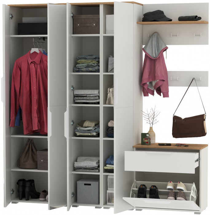 Октава Прихожая 31, цвет белый шагрень/дуб крафт золотой/фасады МДФ белый шагрень, ШхГхВ 193,7х35,4х197,6 см., универсальная сборка