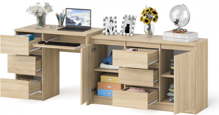 Мори Стол компьютерный МС-6 левый + Комод МК1200.3, цвет дуб сонома, ШхГхВ 210,4х50х76,6 см., выдвижные ящики слева, НЕ универсальная сборка