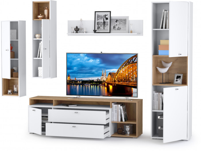 Бэль № 04, цвет дуб крафт золотой/белый премиум, ШхГхВ 300х43х200 см., ниша для ТВ 139х40х120 см., НЕ универсальная сборка