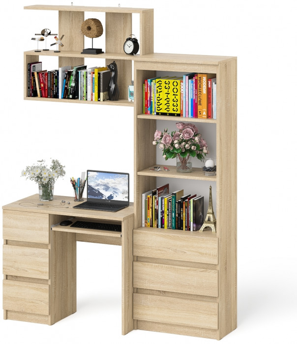 Мори компьютерный стол МС-6 левый + Стеллаж МСТ600.3 + Полка 900, дуб сонома