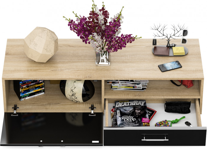 Тумба под ТВ Ларго 1, корпус дуб сонома/фасады МДФ чёрный глянец