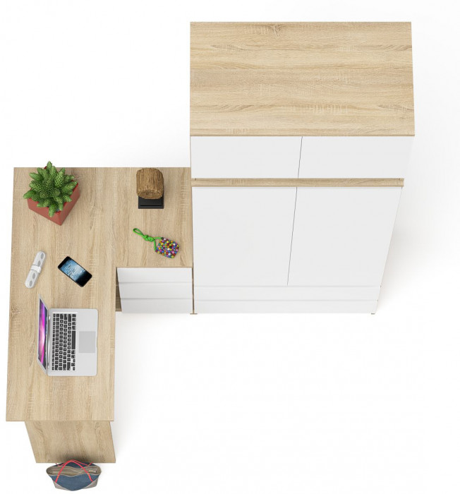 Мори компьютерный стол МС-16 правый + Шкаф МШ900.1 + Антресоль МА900.1, дуб сонома/белый