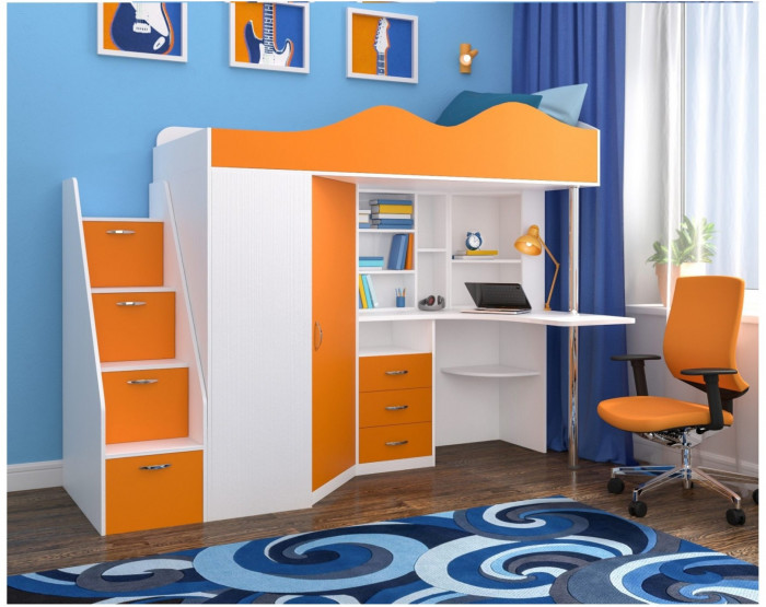 Кровать-чердак Пионер 1 (Ясень Анкор Темный/Белое дерево)