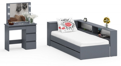 Ксения Кровать с ящиками 0900 + прикроватный блок + Столик с подсветкой Сура, графит