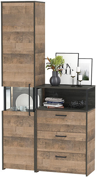 Трувор 13.205 Шкаф-пенал с витриной + 13.307.02 Комод с ящиками, цвет дуб гранж песочный/интра, ШхГхВ 110,8х37х210 см., универсальная сборка