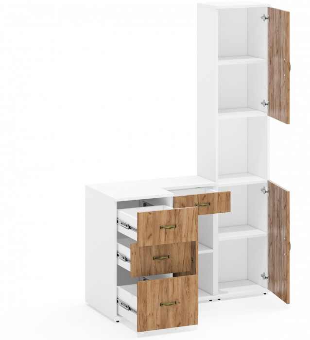 Лидер-8 Пенал + Тумба МД 3.15 + Тумба МД 3.16, цвет белый шагрень/крафт золото, ШхГхВ 120х50х190 см., универсальная сборка