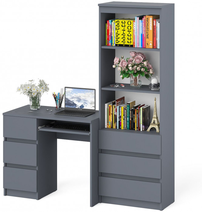 Мори компьютерный стол МС-6 левый + Стеллаж МСТ600.3, графит
