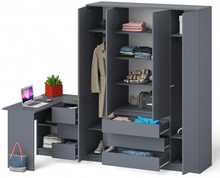 Мори Стол компьютерный МС-16 правый + Шкаф МШ1600.1, цвет графит, ШхГхВ 284,8х84,9х209,6 см., выдвижные ящики справа, НЕ универсальная сборка