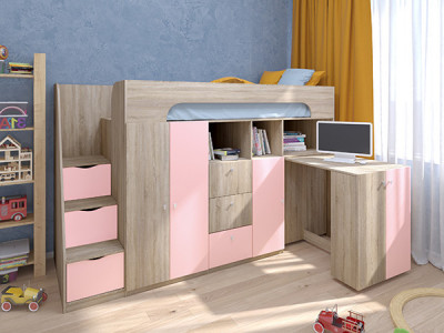 Кровать чердак Астра 11 Сонома/Розовый