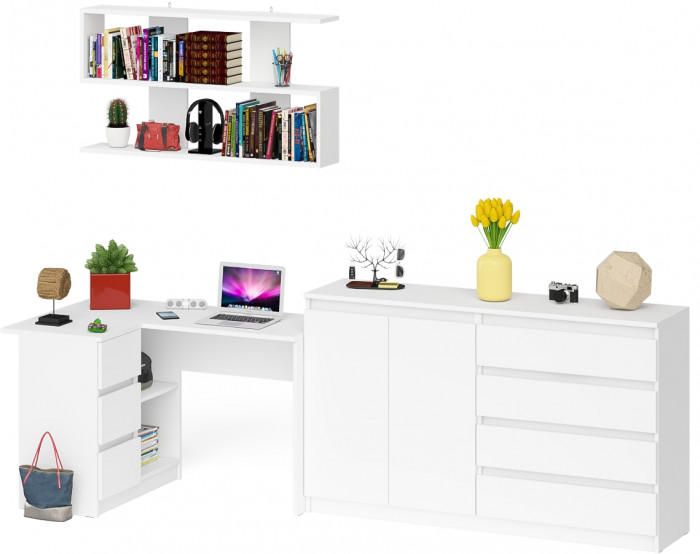 Мори компьютерный стол МС-16 левый + Комод МК1600.1 + Полка 1200, белый
