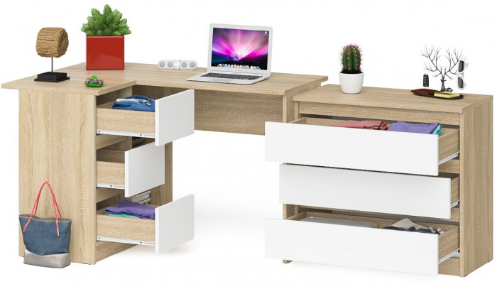 Мори компьютерный стол МС-16 левый + Комод МК800.1, дуб сонома/белый