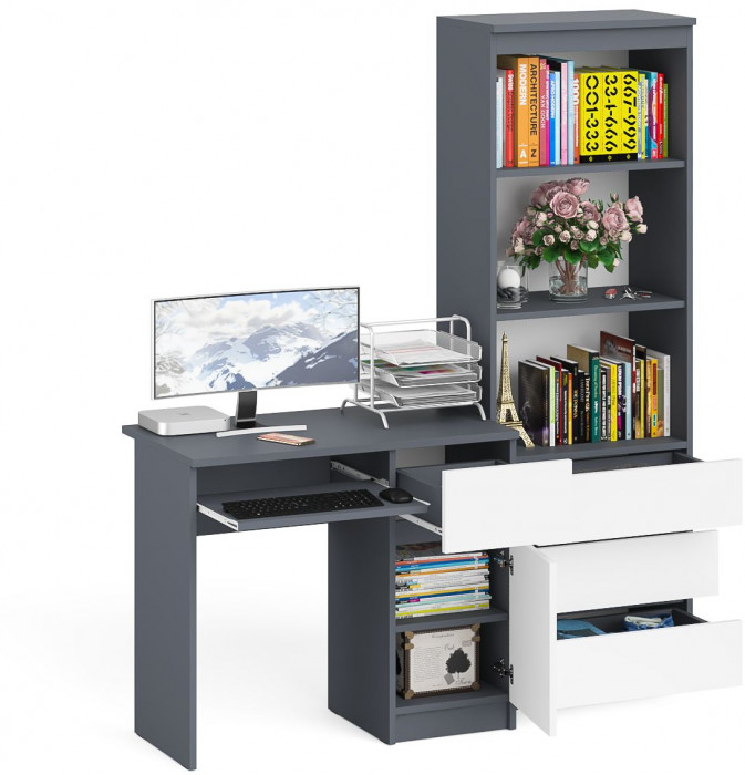 Мори Стол компьютерный МС-1 правый + Стеллаж МСТ600.3, цвет графит/белый, ШхГхВ 150,4х50х179,6 см., выдвижной ящик справа, НЕ универсальная сборка