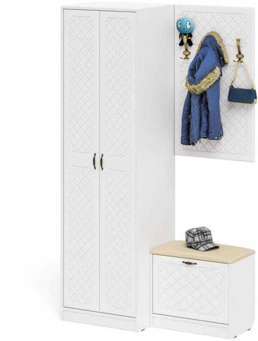 Прихожая П-6 Компоновка № 12, цвет белая шагрень/фасады МДФ белое дерево фрезеровка ромб, ШхГхВ 120х50х210 см., универсальная сборка