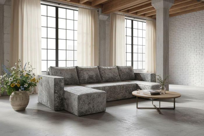 Диван-еврокнижка Лофт Люкс Плюш П-образный с 2 отоманками, 145х260, серый